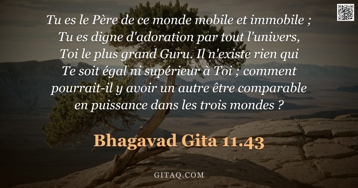 Bhagavad-Gîtâ 11.43 — "Tu es le Père de ce monde mobile et immobile ; Tu es digne d'adoration par tout l'univers, Toi le pl"