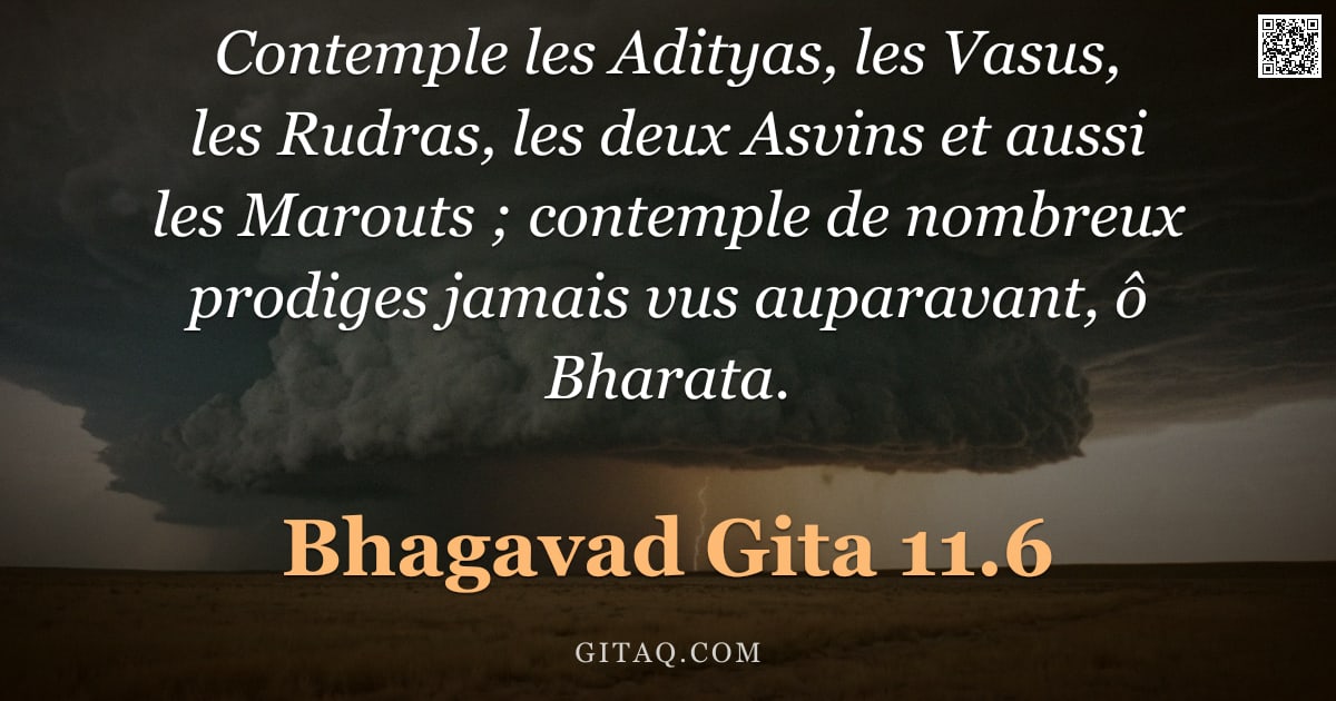 Bhagavad-Gîtâ 11.6 — "Contemple les Adityas, les Vasus, les Rudras, les deux Asvins et aussi les Marouts ; contemple de no"