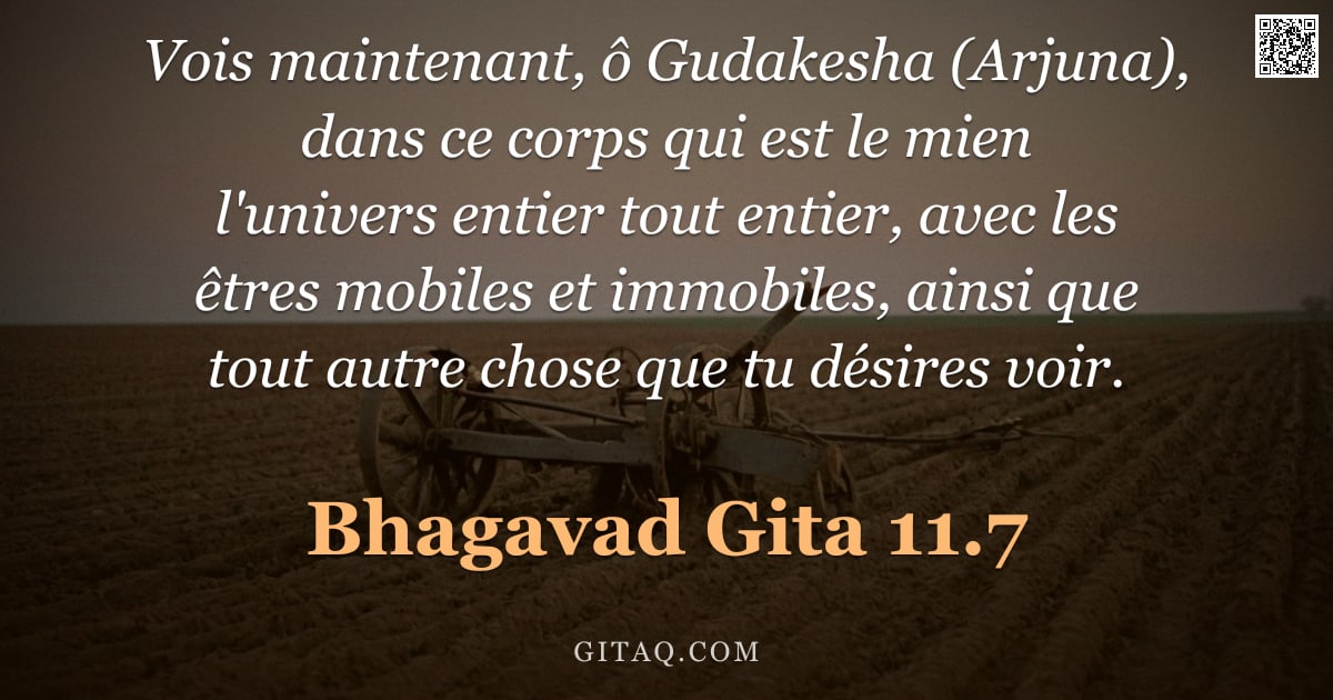 Bhagavad-Gîtâ 11.7 — "Vois maintenant, ô Gudakesha (Arjuna), dans ce corps qui est le mien l'univers entier tout entier, a"