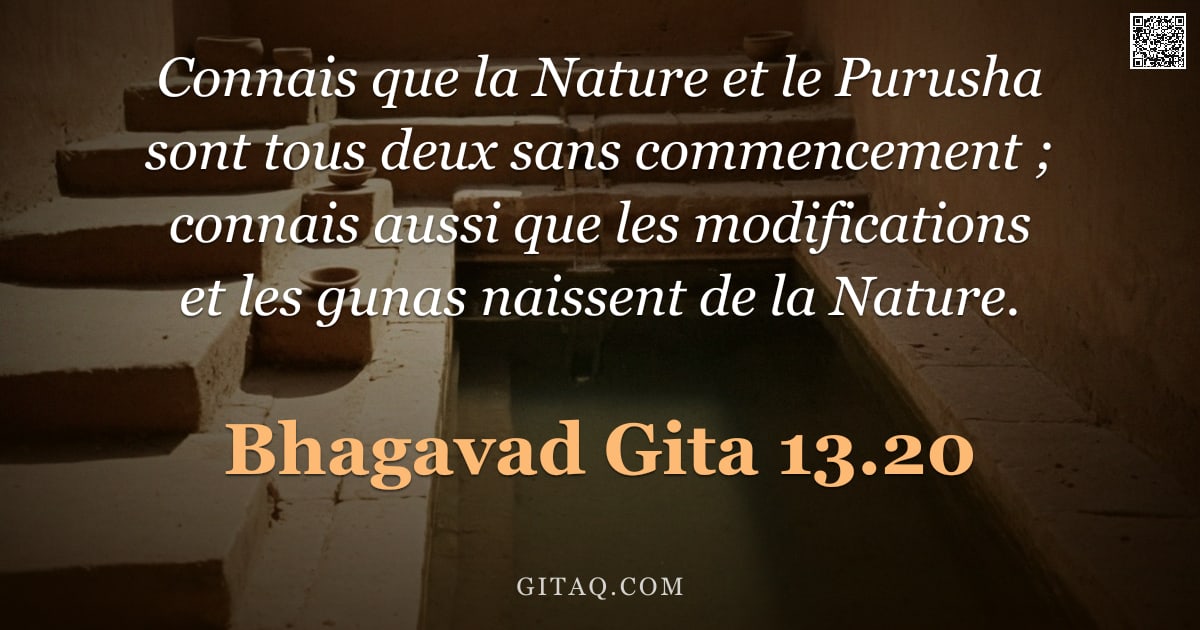 Bhagavad-Gîtâ 13.20 — "Connais que la Nature et le Purusha sont tous deux sans commencement ; connais aussi que les modific"