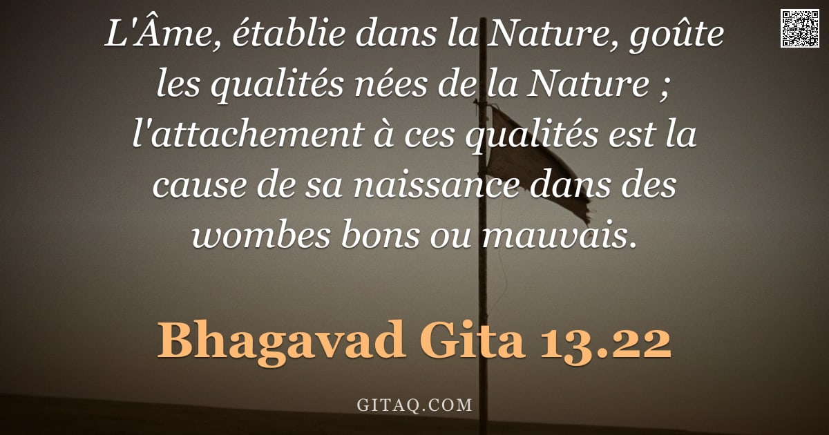 Bhagavad-Gîtâ 13.22 — "L'Âme, établie dans la Nature, goûte les qualités nées de la Nature ; l'attachement à ces qualités e"