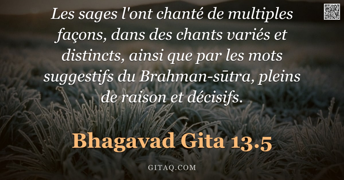 Bhagavad-Gîtâ 13.5 — "Les sages l'ont chanté de multiples façons, dans des chants variés et distincts, ainsi que par les m"