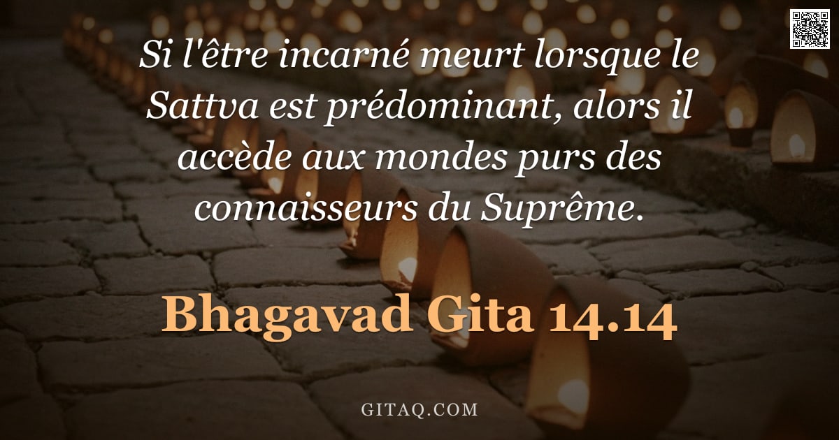Bhagavad-Gîtâ 14.14 — "Si l'être incarné meurt lorsque le Sattva est prédominant, alors il accède aux mondes purs des conna"