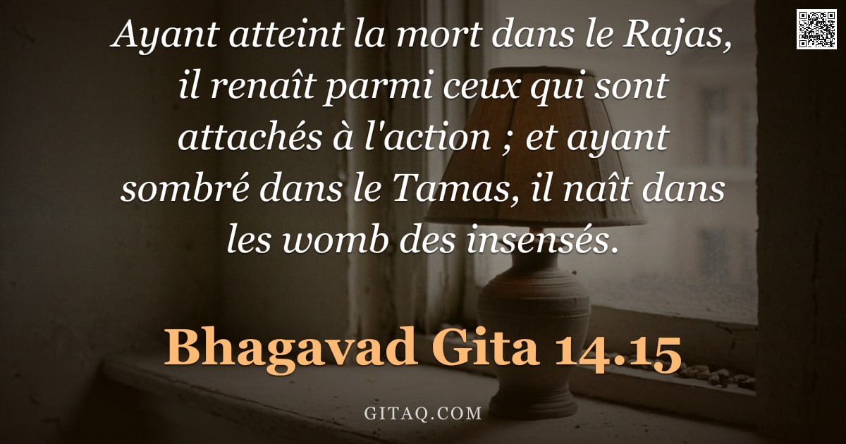 Bhagavad-Gîtâ 14.15 — "Ayant atteint la mort dans le Rajas, il renaît parmi ceux qui sont attachés à l'action ; et ayant so"