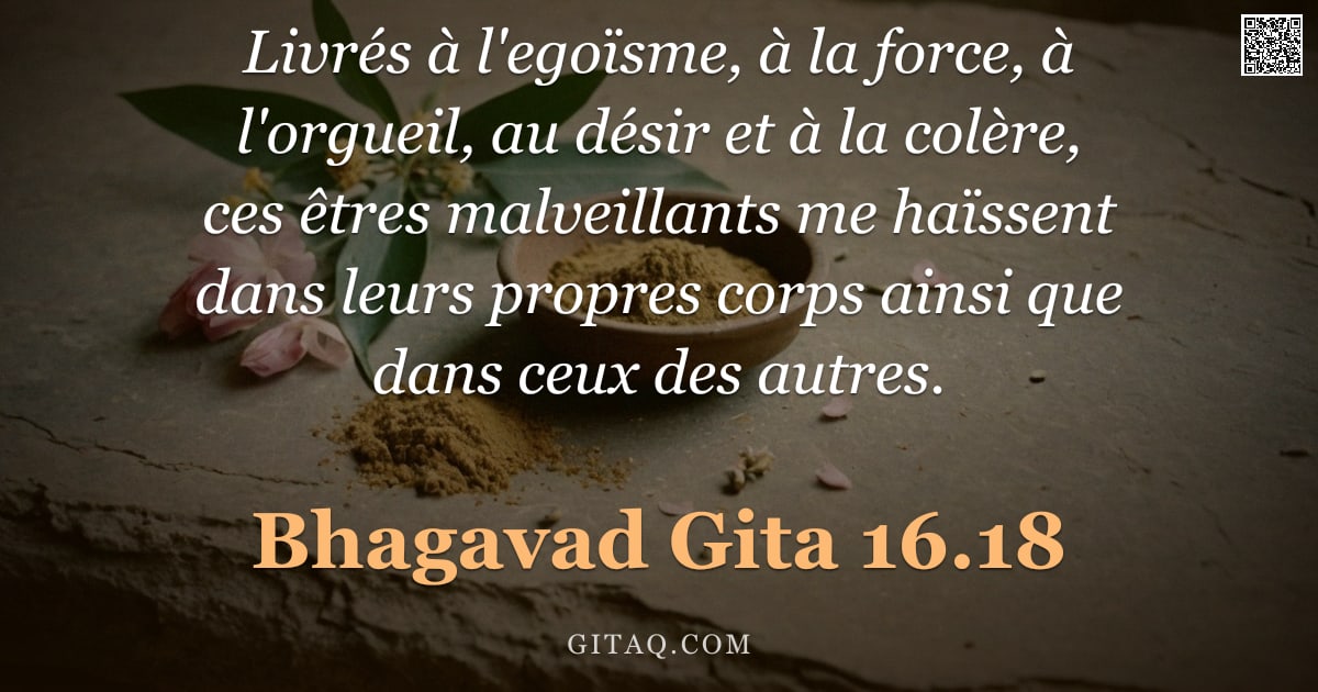 Bhagavad-Gîtâ 16.18 — "Livrés à l'egoïsme, à la force, à l'orgueil, au désir et à la colère, ces êtres malveillants me haïs"