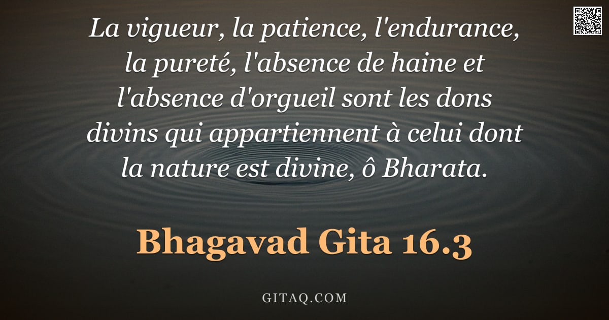 Bhagavad-Gîtâ 16.3 — "La vigueur, la patience, l'endurance, la pureté, l'absence de haine et l'absence d'orgueil sont les "