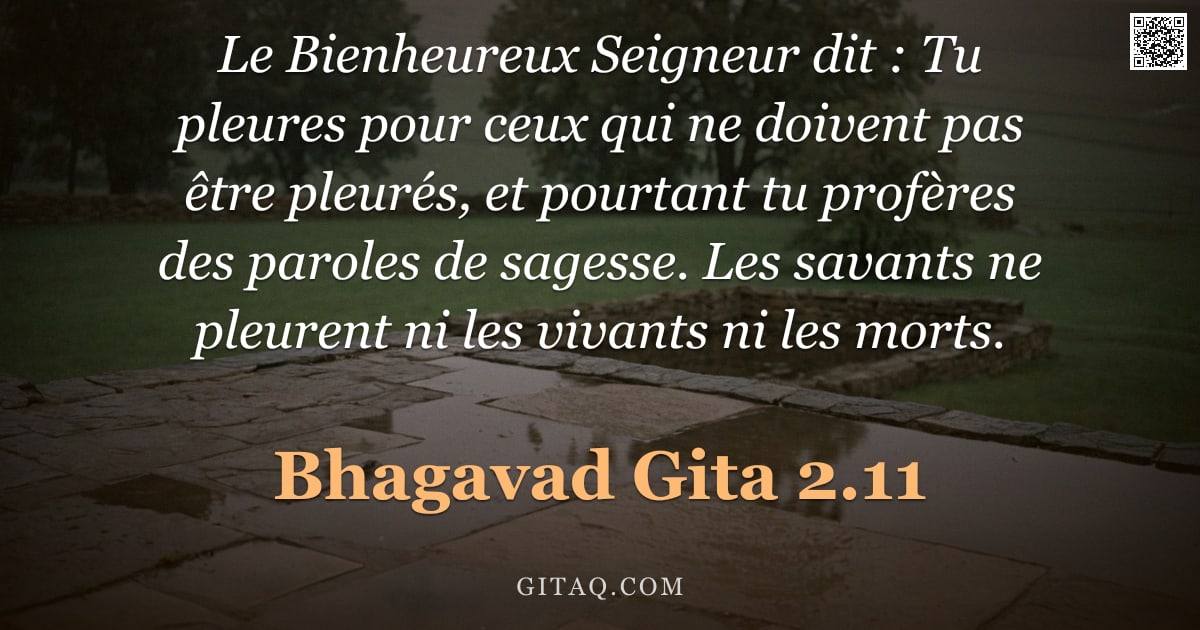 Bhagavad-Gîtâ 2.11 — "Le Bienheureux Seigneur dit : Tu pleures pour ceux qui ne doivent pas être pleurés, et pourtant tu p"