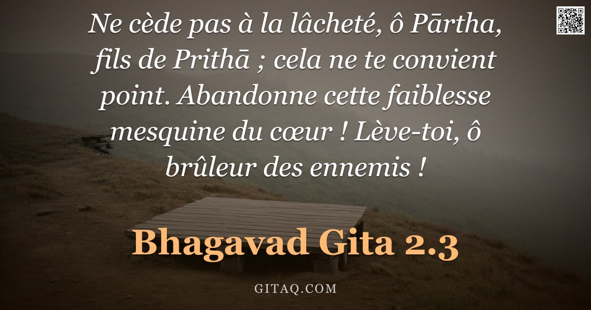 Bhagavad-Gîtâ 2.3 — "Ne cède pas à la lâcheté, ô Pārtha, fils de Prithā ; cela ne te convient point. Abandonne cette faib"