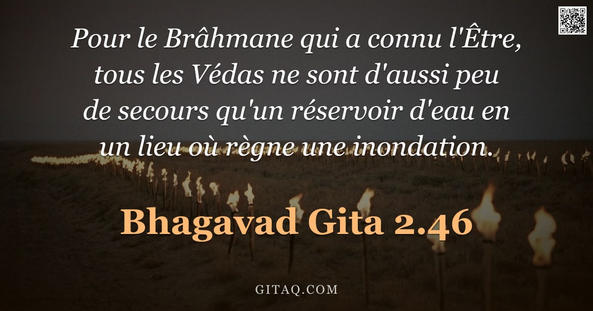 Bhagavad-Gîtâ 2.46 — "Pour le Brâhmane qui a connu l'Être, tous les Védas ne sont d'aussi peu de secours qu'un réservoir d"