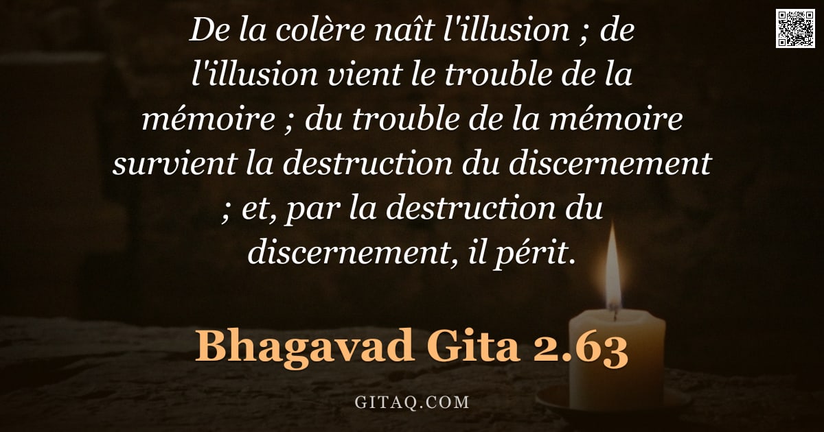 Bhagavad-Gîtâ 2.63 — "De la colère naît l'illusion ; de l'illusion vient le trouble de la mémoire ; du trouble de la mémoi"