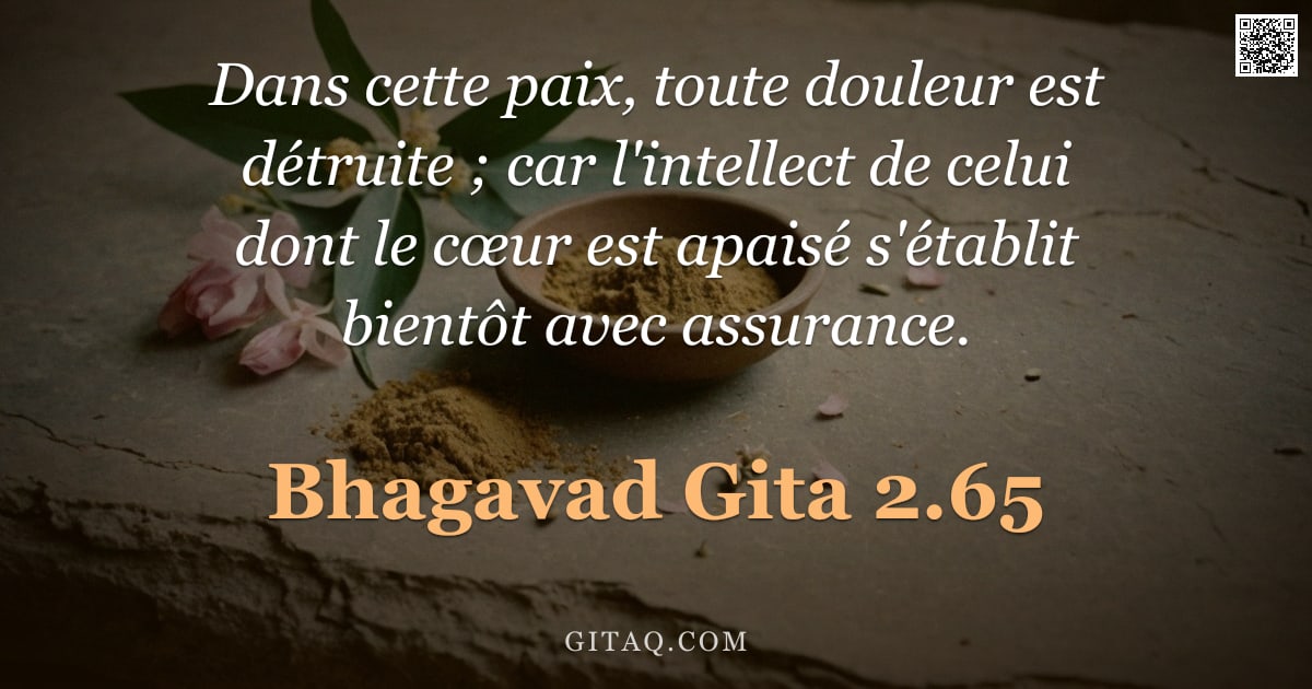 Bhagavad-Gîtâ 2.65 — "Dans cette paix, toute douleur est détruite ; car l'intellect de celui dont le cœur est apaisé s'éta"