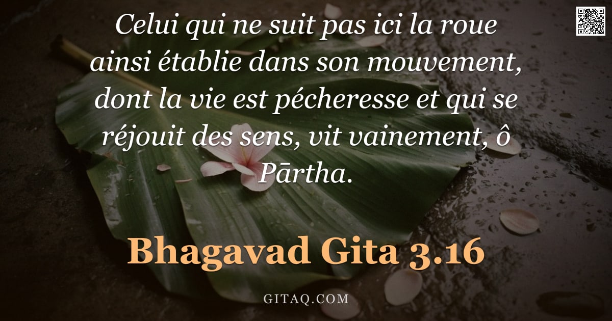 Bhagavad-Gîtâ 3.16 — "Celui qui ne suit pas ici la roue ainsi établie dans son mouvement, dont la vie est pécheresse et qu"