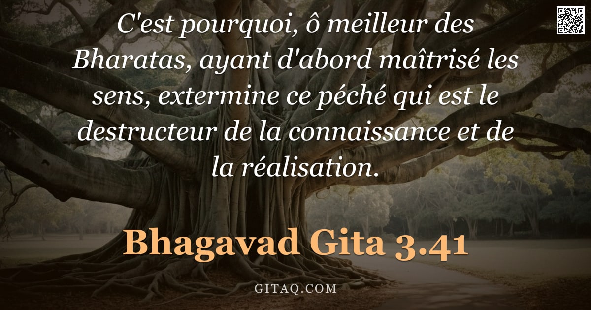 Bhagavad-Gîtâ 3.41 — "C'est pourquoi, ô meilleur des Bharatas, ayant d'abord maîtrisé les sens, extermine ce péché qui est"