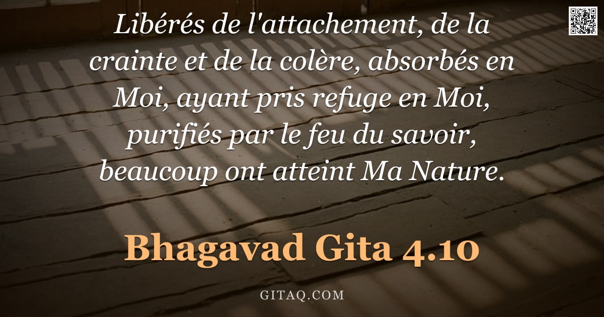 Bhagavad-Gîtâ 4.10 — "Libérés de l'attachement, de la crainte et de la colère, absorbés en Moi, ayant pris refuge en Moi, "