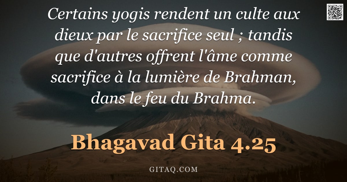 Bhagavad-Gîtâ 4.25 — "Certains yogis rendent un culte aux dieux par le sacrifice seul ; tandis que d'autres offrent l'âme "
