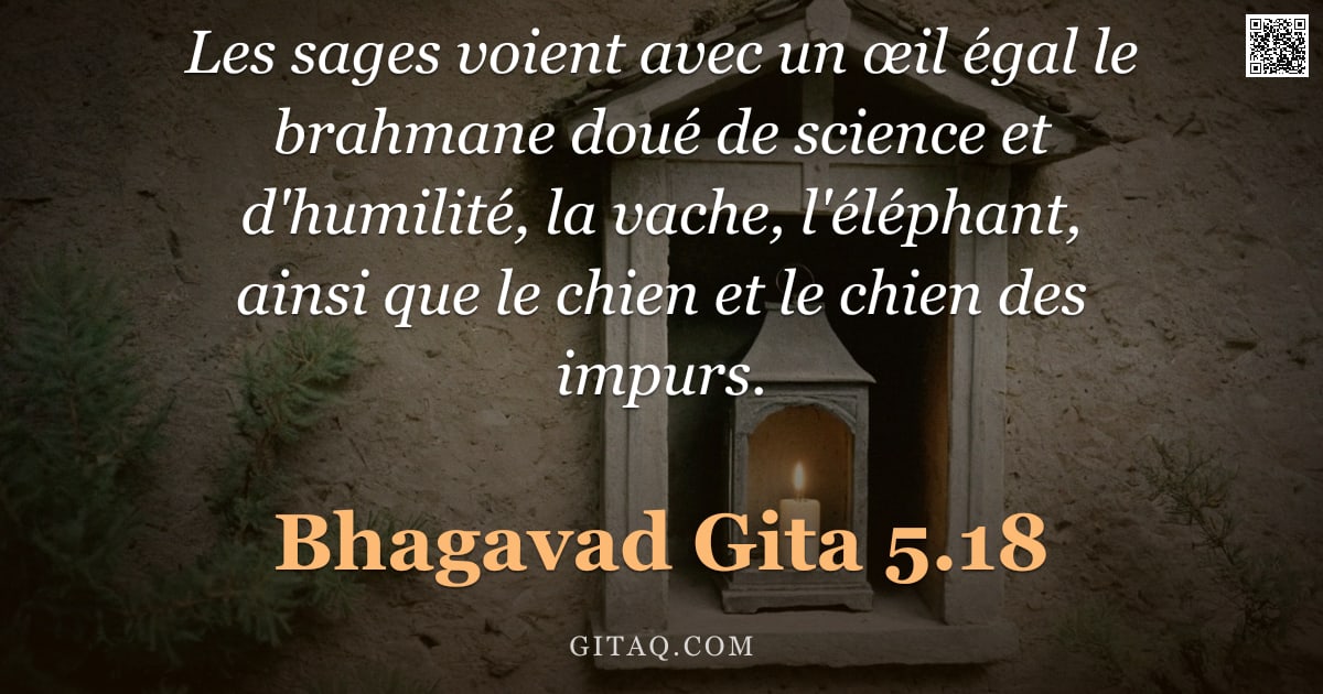 Bhagavad-Gîtâ 5.18 — "Les sages voient avec un œil égal le brahmane doué de science et d'humilité, la vache, l'éléphant, a"