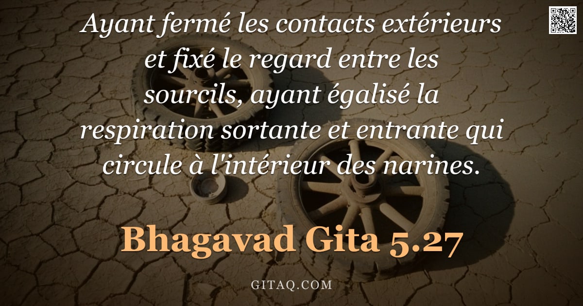 Bhagavad-Gîtâ 5.27 — "Ayant fermé les contacts extérieurs et fixé le regard entre les sourcils, ayant égalisé la respirati"