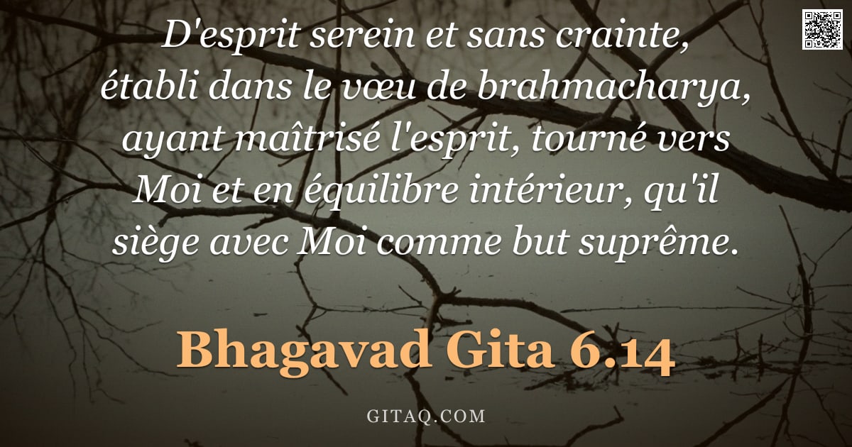 Bhagavad-Gîtâ 6.14 — "D'esprit serein et sans crainte, établi dans le vœu de brahmacharya, ayant maîtrisé l'esprit, tourné"