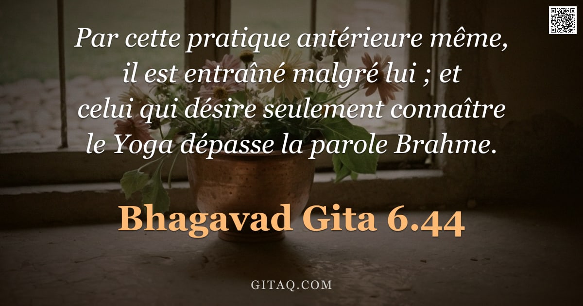 Bhagavad-Gîtâ 6.44 — "Par cette pratique antérieure même, il est entraîné malgré lui ; et celui qui désire seulement conna"