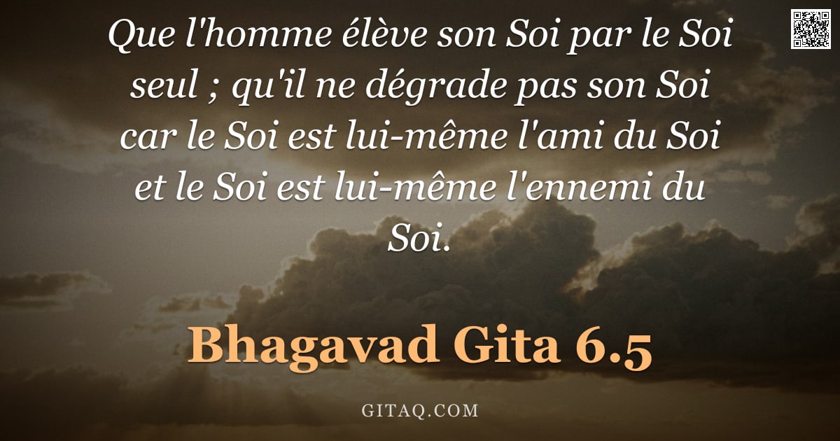 Bhagavad-Gîtâ 6.5 — "Que l'homme élève son Soi par le Soi seul ; qu'il ne dégrade pas son Soi car le Soi est lui-même l'a"