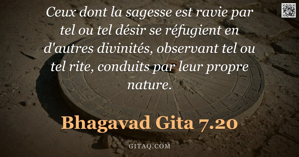Bhagavad-Gîtâ 7.20 — "Ceux dont la sagesse est ravie par tel ou tel désir se réfugient en d'autres divinités, observant te"