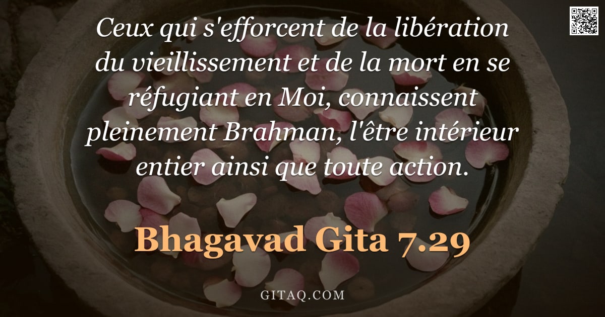 Bhagavad-Gîtâ 7.29 — "Ceux qui s'efforcent de la libération du vieillissement et de la mort en se réfugiant en Moi, connai"