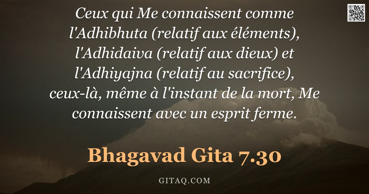 Bhagavad-Gîtâ 7.30 — "Ceux qui Me connaissent comme l'Adhibhuta (relatif aux éléments), l'Adhidaiva (relatif aux dieux) et"