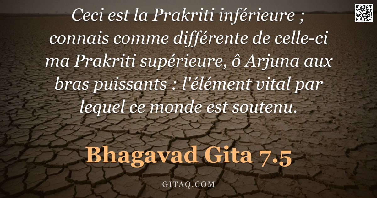 Bhagavad-Gîtâ 7.5 — "Ceci est la Prakriti inférieure ; connais comme différente de celle-ci ma Prakriti supérieure, ô Arj"