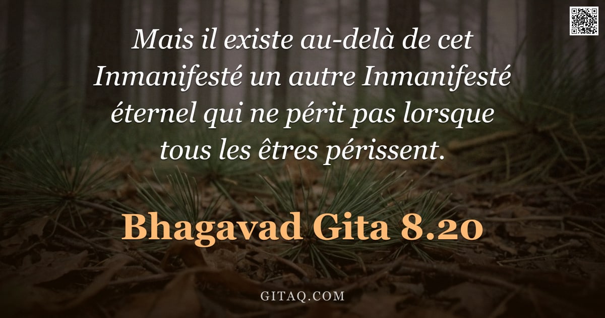 Bhagavad-Gîtâ 8.20 — "Mais il existe au-delà de cet Inmanifesté un autre Inmanifesté éternel qui ne périt pas lorsque tous"