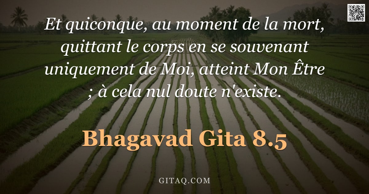 Bhagavad-Gîtâ 8.5 — "Et quiconque, au moment de la mort, quittant le corps en se souvenant uniquement de Moi, atteint Mon"