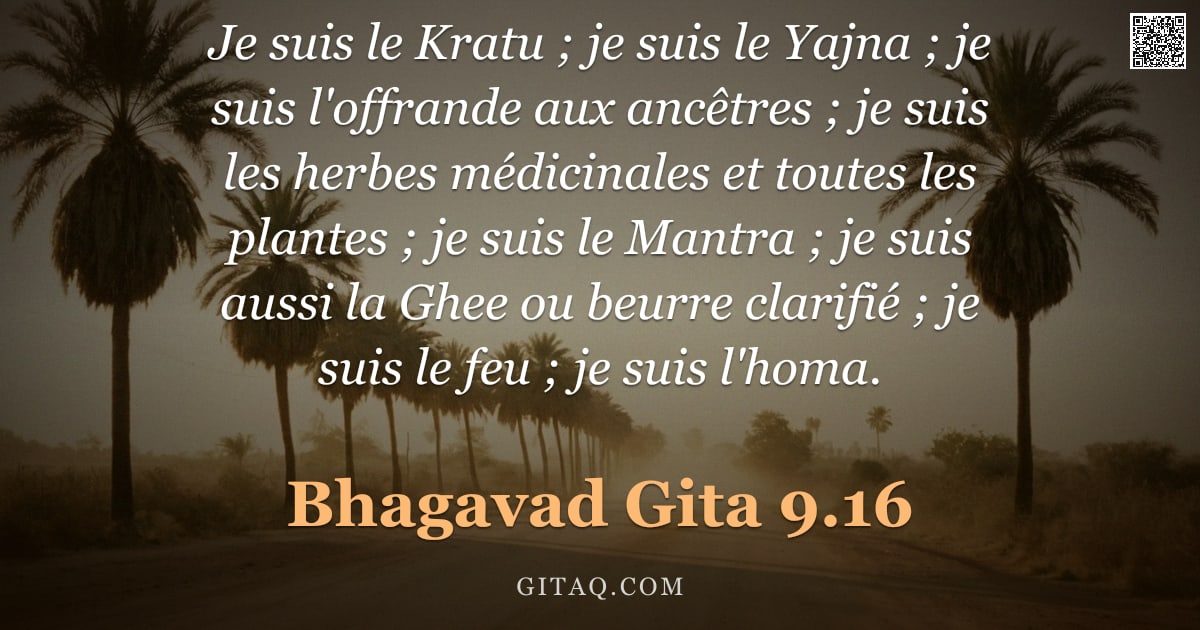 Bhagavad-Gîtâ 9.16 — "Je suis le Kratu ; je suis le Yajna ; je suis l'offrande aux ancêtres ; je suis les herbes médicinal"