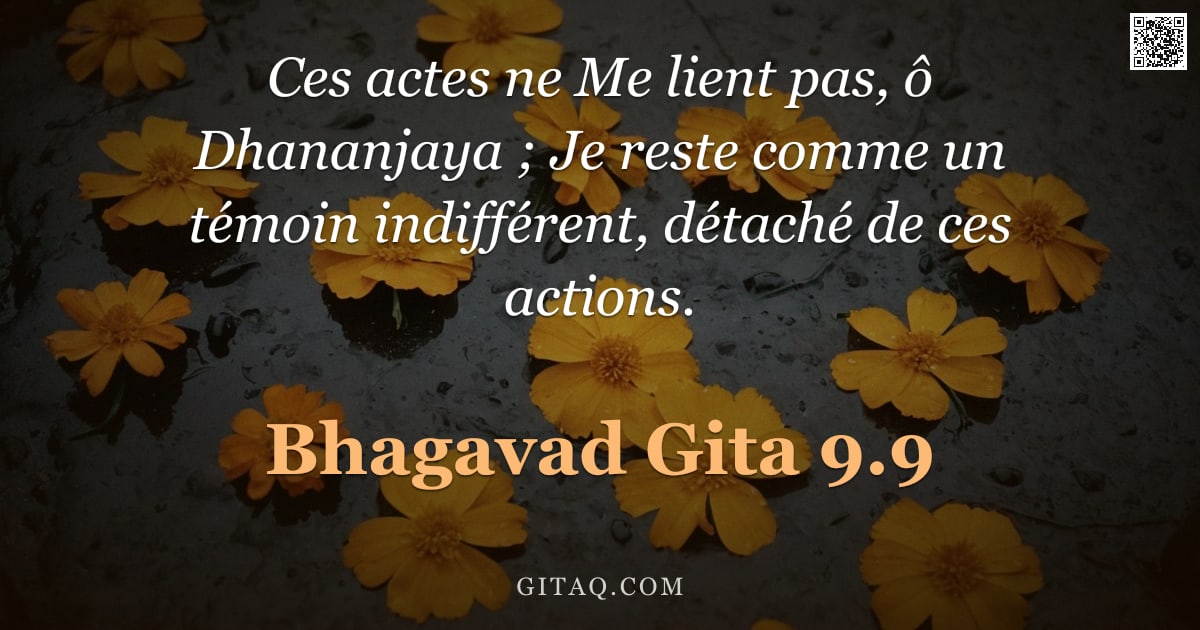 Bhagavad-Gîtâ 9.9 — "Ces actes ne Me lient pas, ô Dhananjaya ; Je reste comme un témoin indifférent, détaché de ces actio"