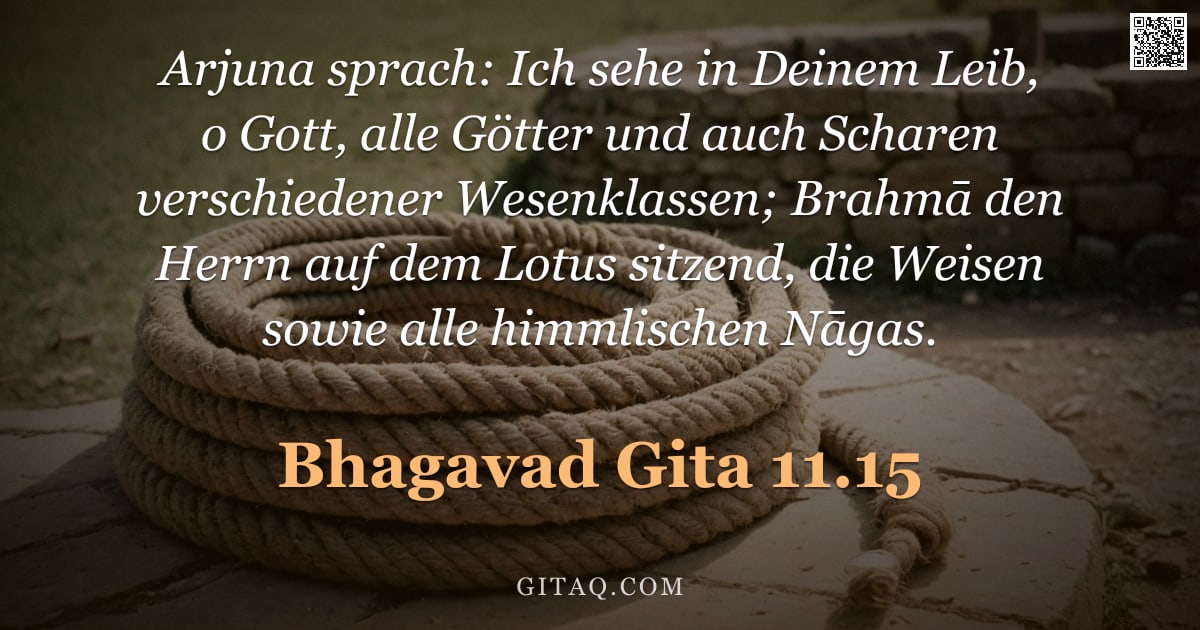 Bhagavad Gita 11.15 — "Arjuna sprach: Ich sehe in Deinem Leib, o Gott, alle Götter und auch Scharen verschiedener Wesenklas"