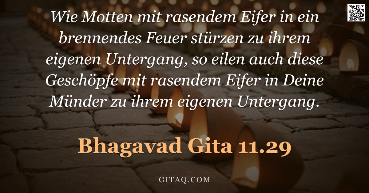 Bhagavad Gita 11.29 — "Wie Motten mit rasendem Eifer in ein brennendes Feuer stürzen zu ihrem eigenen Untergang, so eilen a"