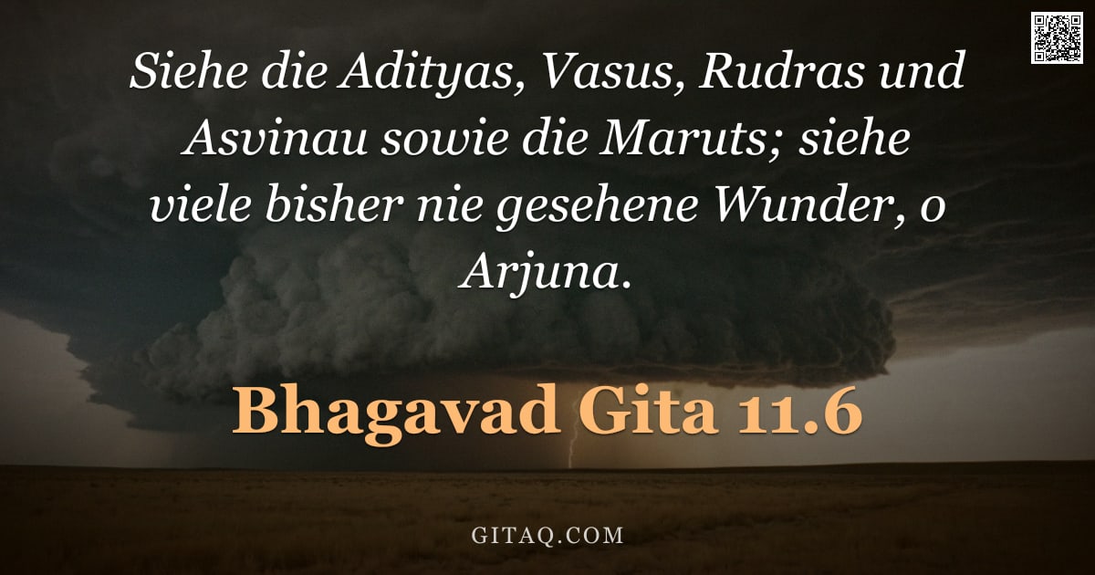 Bhagavad Gita 11.6 — "Siehe die Adityas, Vasus, Rudras und Asvinau sowie die Maruts; siehe viele bisher nie gesehene Wunde"