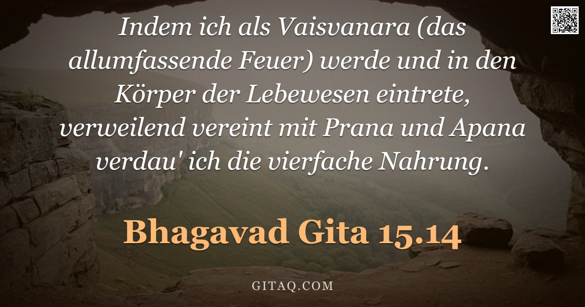 Bhagavad Gita 15.14 — "Indem ich als Vaisvanara (das allumfassende Feuer) werde und in den Körper der Lebewesen eintrete, v"