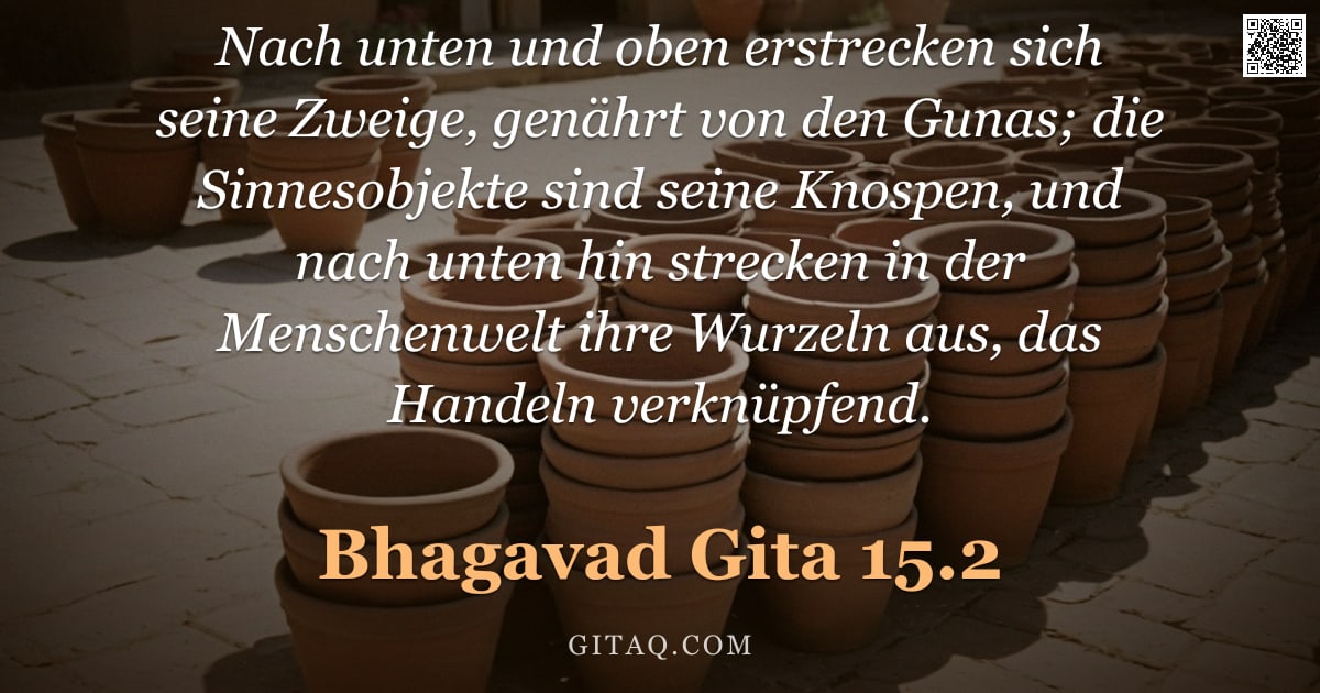 Bhagavad Gita 15.2 — "Nach unten und oben erstrecken sich seine Zweige, genährt von den Gunas; die Sinnesobjekte sind sein"