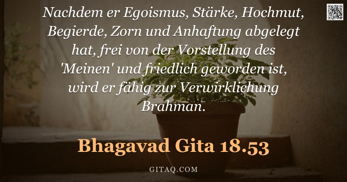 Bhagavad Gita 18.53 — "Nachdem er Egoismus, Stärke, Hochmut, Begierde, Zorn und Anhaftung abgelegt hat, frei von der Vorste"