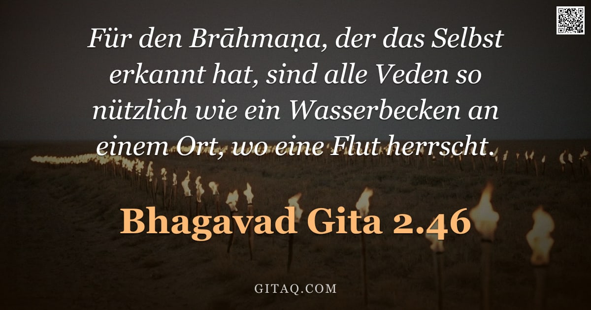 Bhagavad Gita 2.46 — "Für den Brāhmaṇa, der das Selbst erkannt hat, sind alle Veden so nützlich wie ein Wasserbecken an ei"