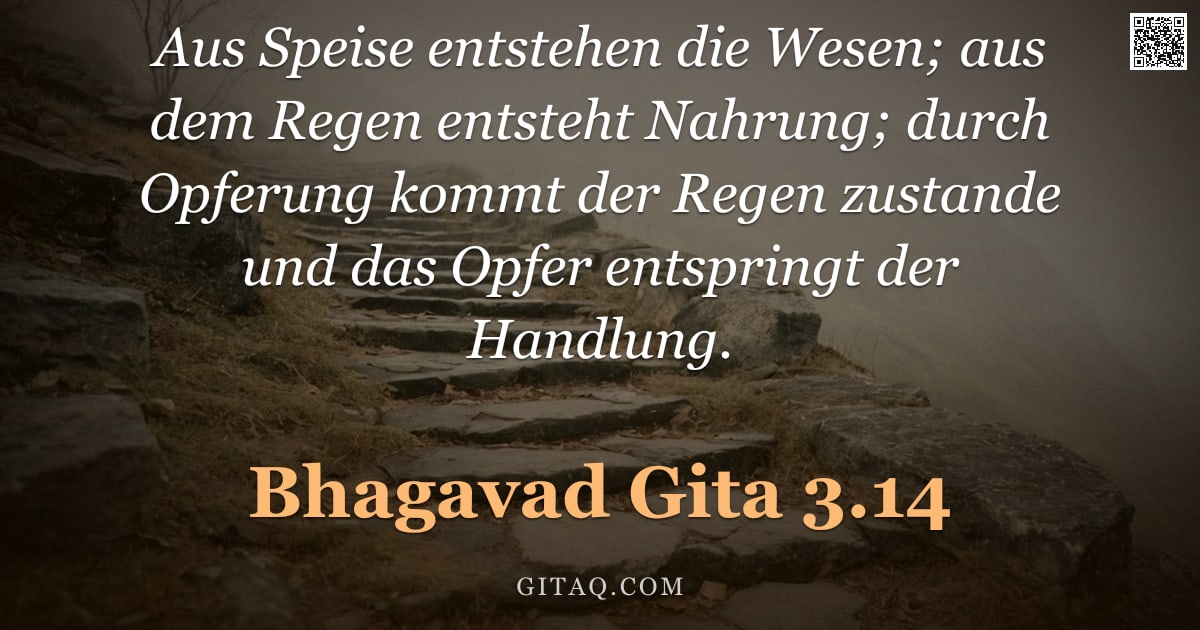 Bhagavad Gita 3.14 — "Aus Speise entstehen die Wesen; aus dem Regen entsteht Nahrung; durch Opferung kommt der Regen zusta"