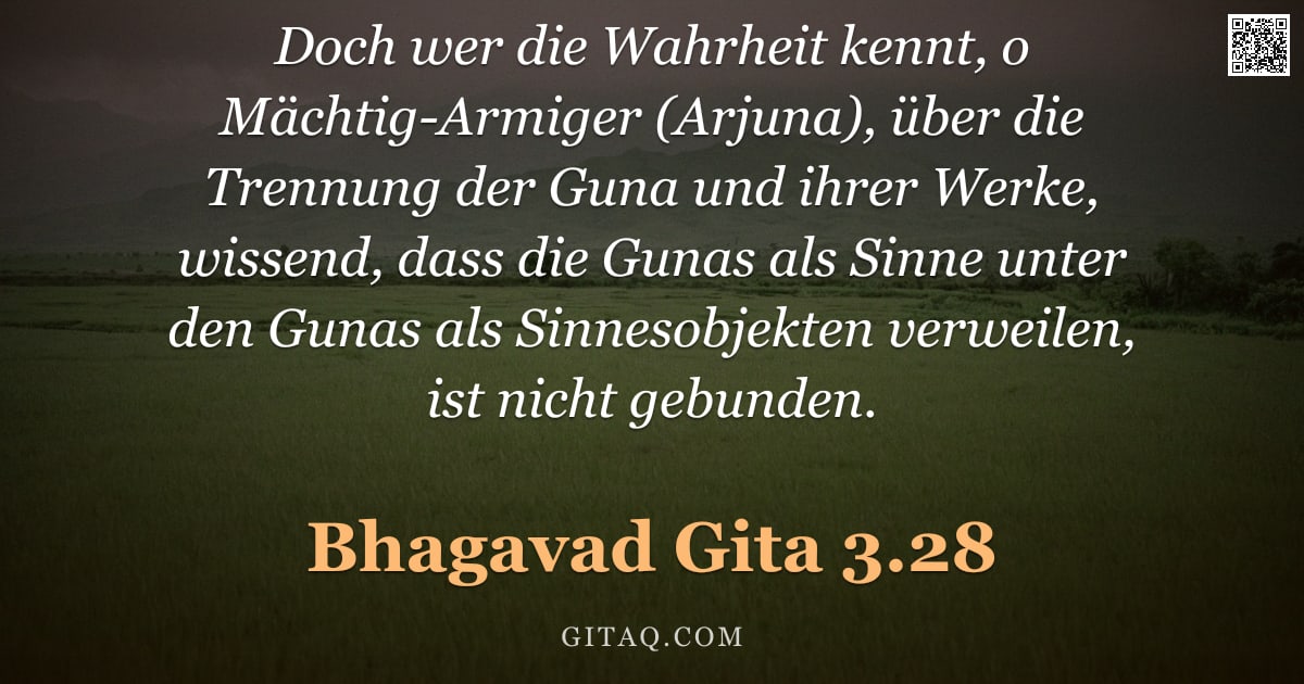 Bhagavad Gita 3.28 — "Doch wer die Wahrheit kennt, o Mächtig-Armiger (Arjuna), über die Trennung der Guna und ihrer Werke,"
