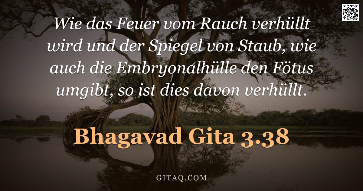 Bhagavad Gita 3.38 — "Wie das Feuer vom Rauch verhüllt wird und der Spiegel von Staub, wie auch die Embryonalhülle den Föt"