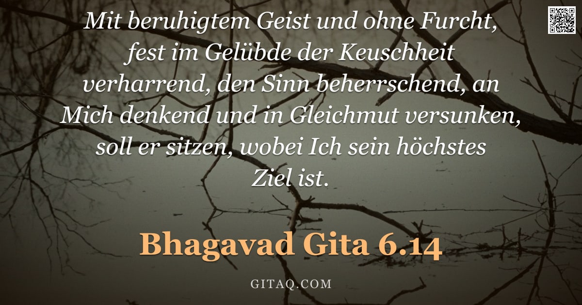 Bhagavad Gita 6.14 — "Mit beruhigtem Geist und ohne Furcht, fest im Gelübde der Keuschheit verharrend, den Sinn beherrsche"