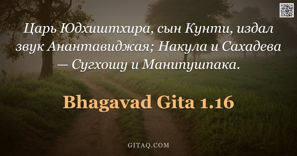 Бхагавад-гита 1.16 — "Царь Юдхиштхира, сын Кунти, издал звук Анантавиджая; Накула и Сахадева — Сугхошу и Манипушпака."