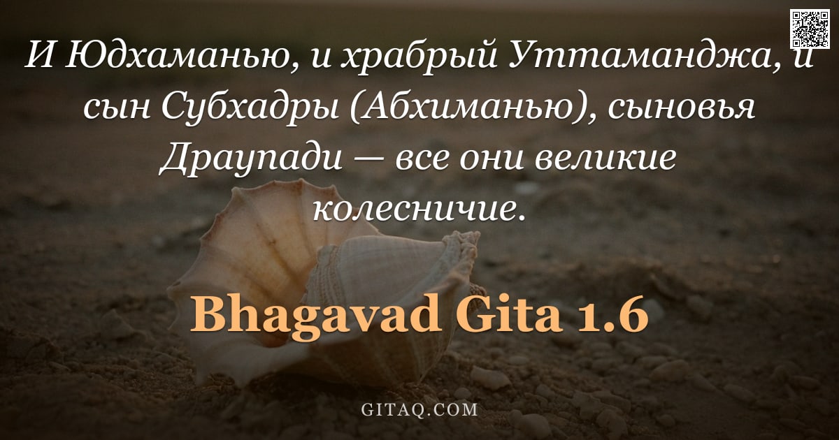 Бхагавад-гита 1.6 — "И Юдхаманью, и храбрый Уттаманджа, и сын Субхадры (Абхиманью), сыновья Драупади — все они великие ко"