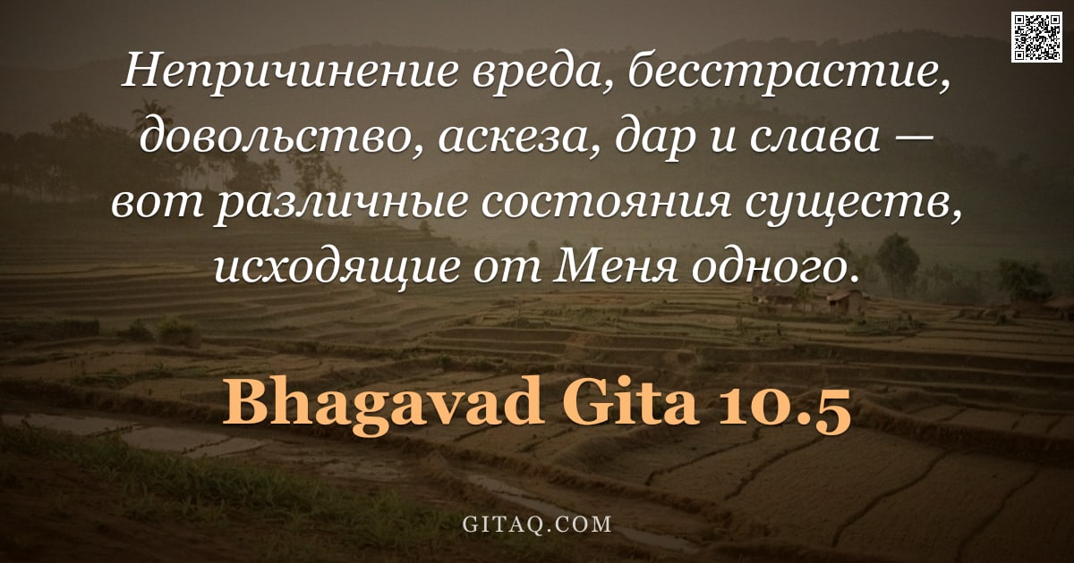 Бхагавад-гита 10.5 — "Непричинение вреда, бесстрастие, довольство, аскеза, дар и слава — вот различные состояния существ, "