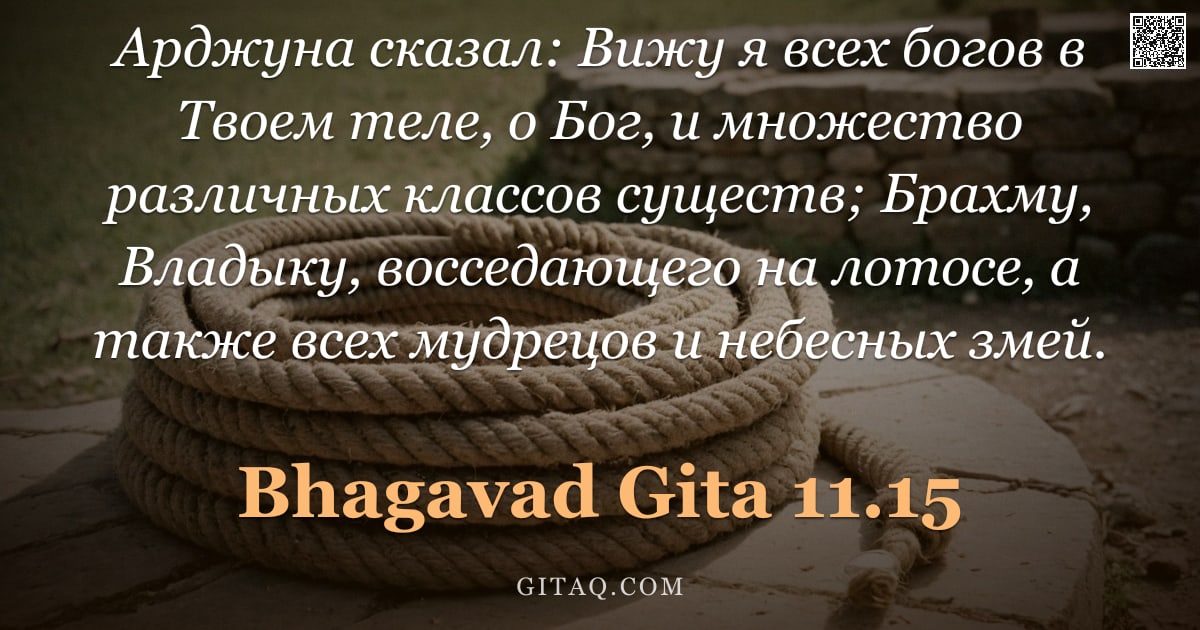 Бхагавад-гита 11.15 — "Арджуна сказал: Вижу я всех богов в Твоем теле, о Бог, и множество различных классов существ; Брахму"