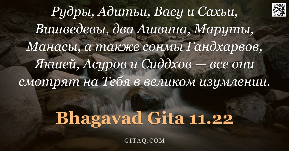 Бхагавад-гита 11.22 — "Рудры, Адитьи, Васу и Сахьи, Вишведевы, два Ашвина, Маруты, Манасы, а также сонмы Гандхарвов, Якшей,"