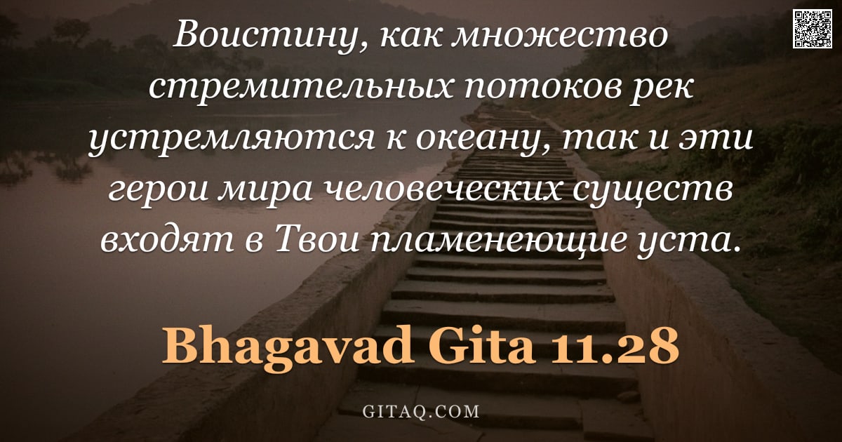 Бхагавад-гита 11.28 — "Воистину, как множество стремительных потоков рек устремляются к океану, так и эти герои мира челове"