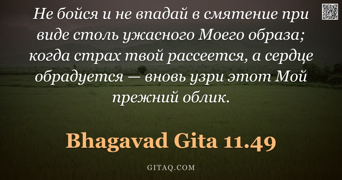 Бхагавад-гита 11.49 — "Не бойся и не впадай в смятение при виде столь ужасного Моего образа; когда страх твой рассеется, а "